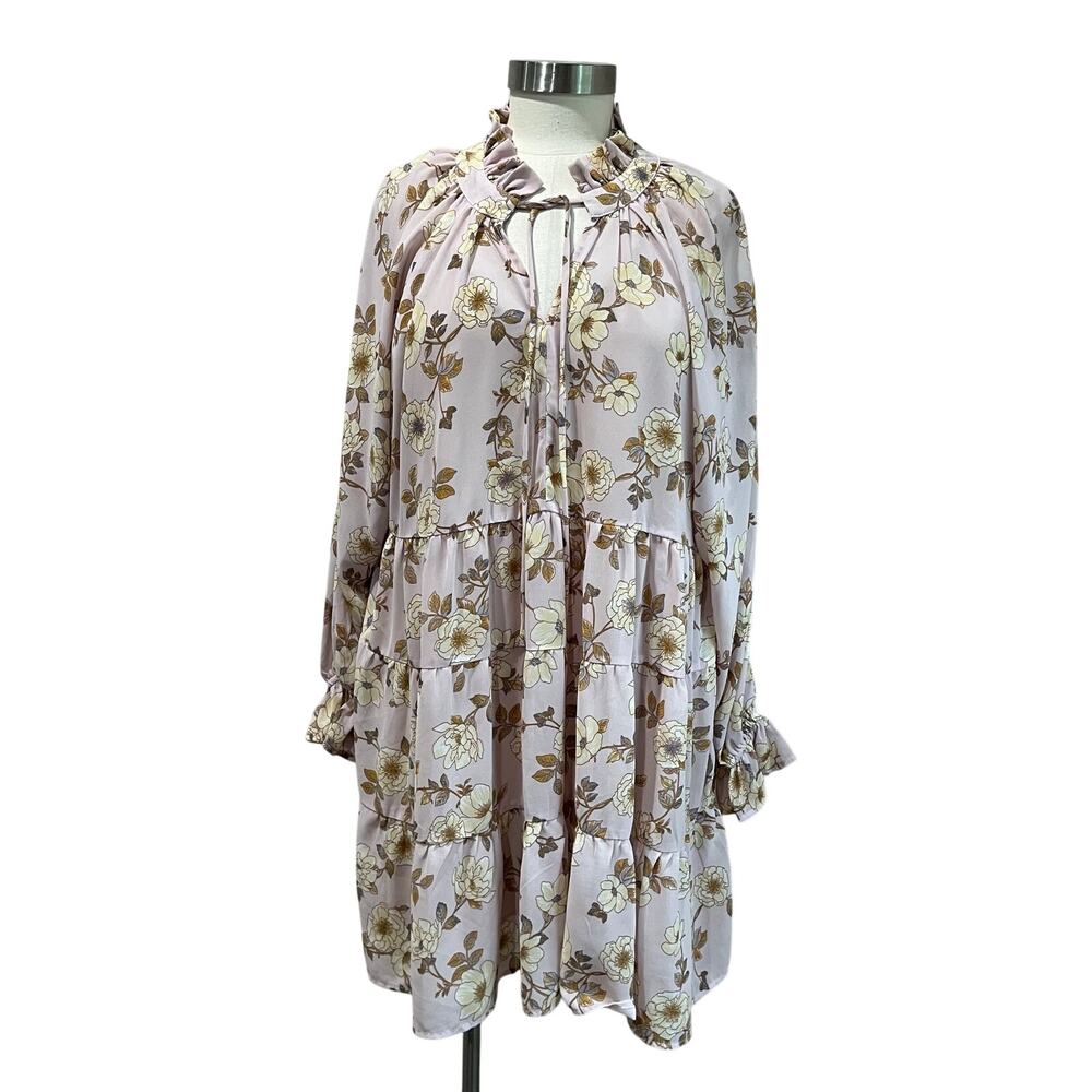 VICI Long Sleeve Boho Pink Floral Swing Mini Dress Size M